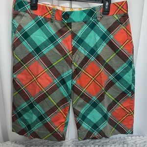 Loudmouth, men’s orange and green plaid golf shorts flat front size 36